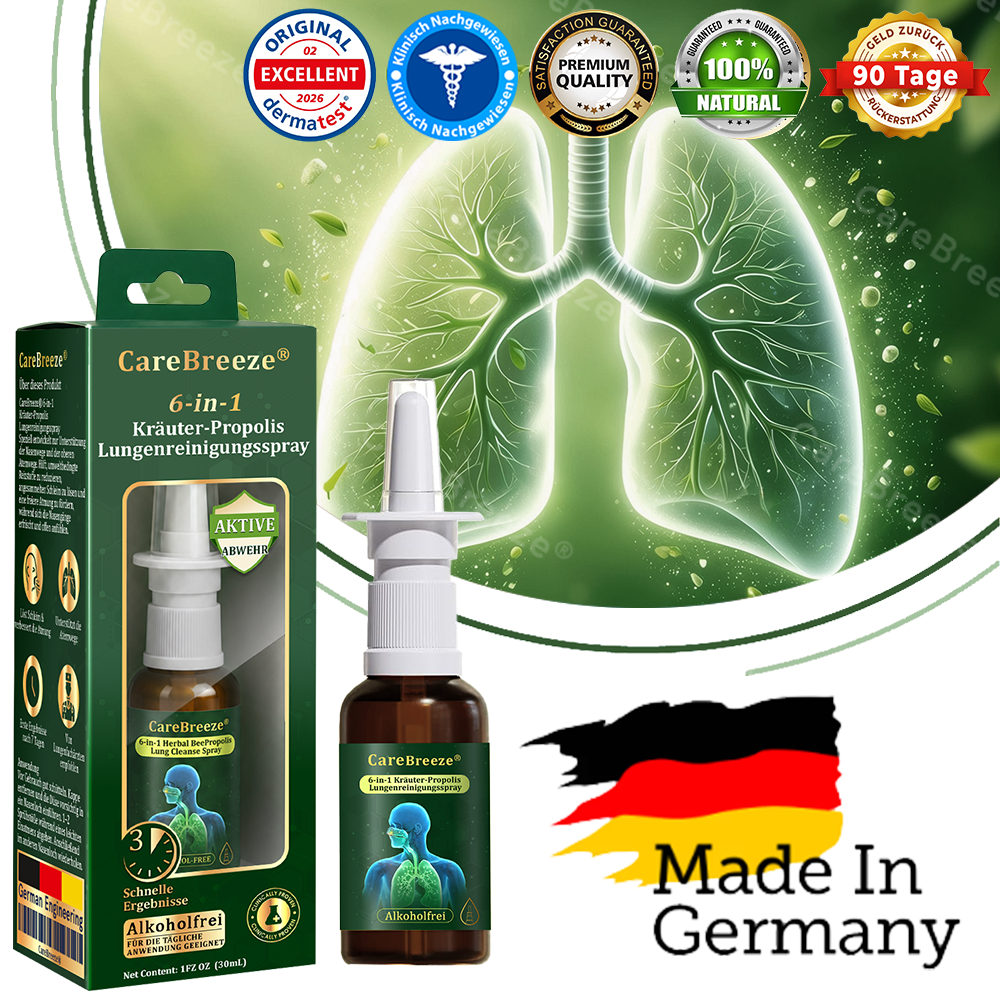 ⚡🇩🇪 Offizieller Store：CareBreeze® 6-in-1 Kräuter-Propolis Lungenreinigungsspray-Feinzerstäubung(⚡Sofortige Linderung🫁Langzeitwirkungen)