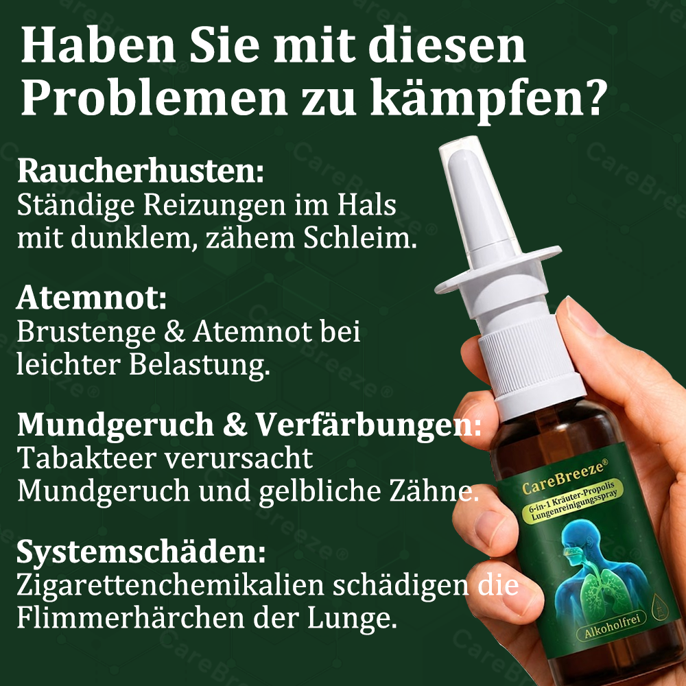⚡🇩🇪 Offizieller Store：CareBreeze® 6-in-1 Kräuter-Propolis Lungenreinigungsspray-Feinzerstäubung(⚡Sofortige Linderung🫁Langzeitwirkungen)