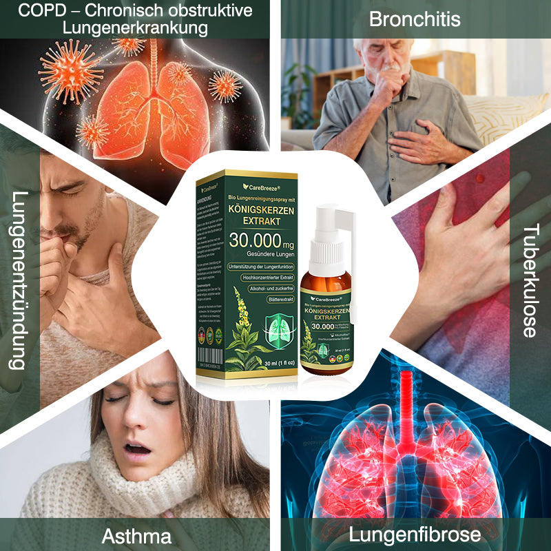 💖✅DE Offizieller Store: CareBreeze® Bio Lungenreinigungsspray mit Königskerzen-Extrakt（👨‍⚕️Wirkt direkt bei COPD, Asthma, chronischer Bronchitis (CB), Atemwegsinfektionen, Lungenkrebs, Sinusitis und anderen Erkrankungen）
