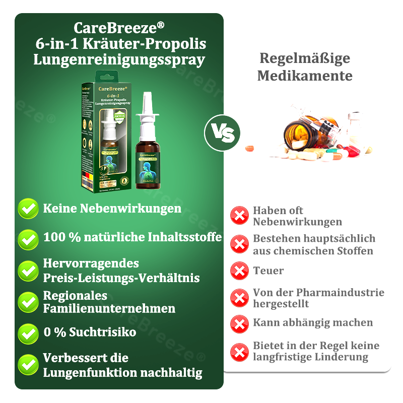 ⚡🇩🇪 Offizieller Store：CareBreeze® 6-in-1 Kräuter-Propolis Lungenreinigungsspray-Feinzerstäubung(⚡Sofortige Linderung🫁Langzeitwirkungen)