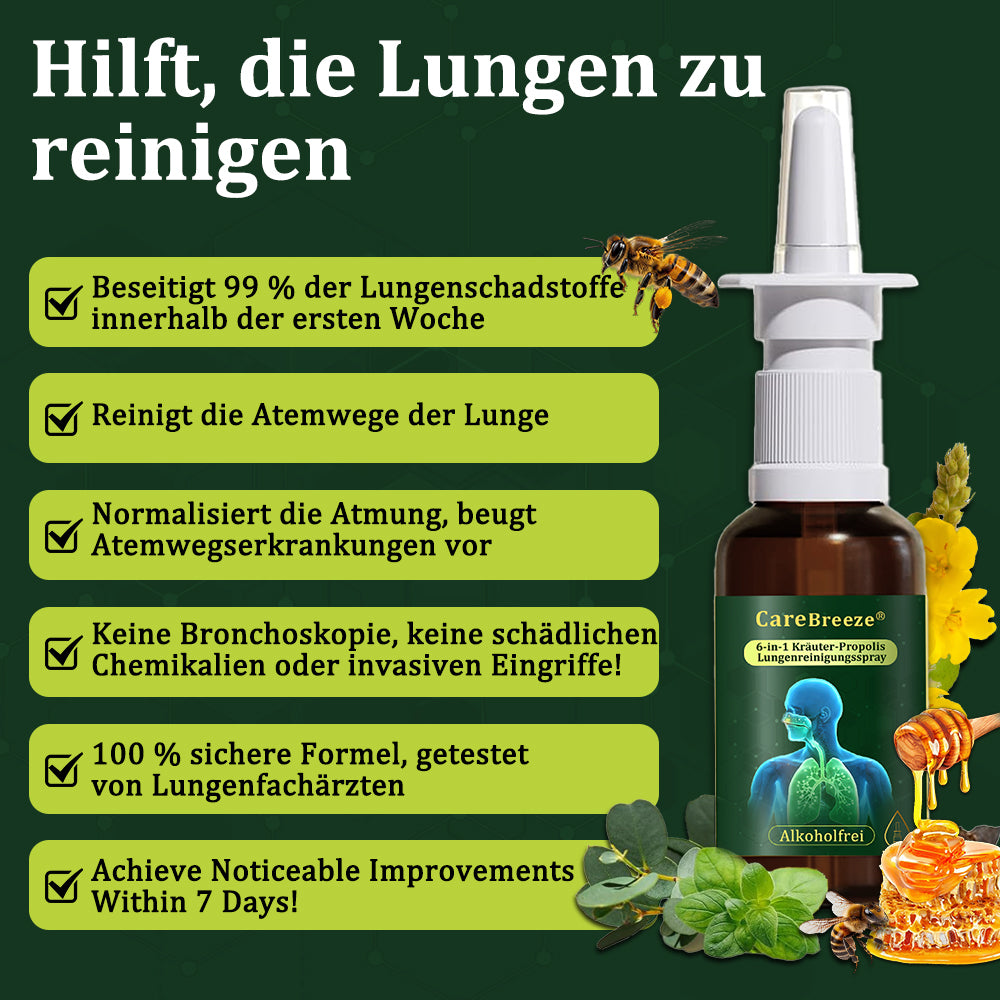 ⚡🇩🇪 Offizieller Store：CareBreeze® 6-in-1 Kräuter-Propolis Lungenreinigungsspray-Feinzerstäubung(⚡Sofortige Linderung🫁Langzeitwirkungen)