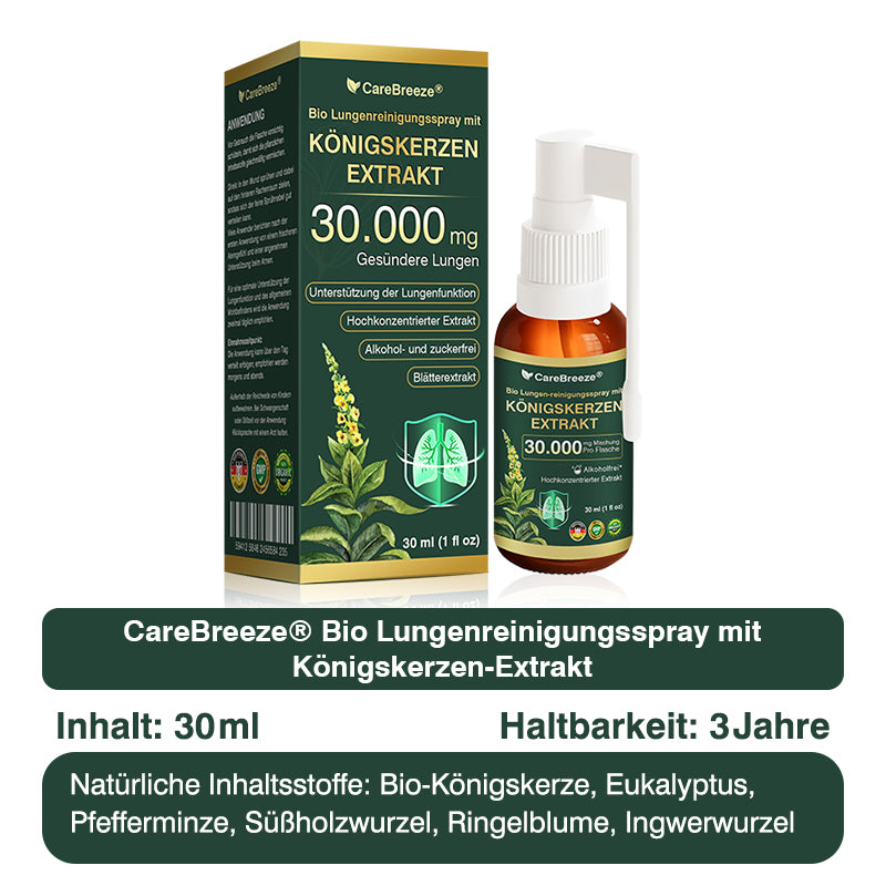 💖✅DE Offizieller Store: CareBreeze® Bio Lungenreinigungsspray mit Königskerzen-Extrakt（👨‍⚕️Wirkt direkt bei COPD, Asthma, chronischer Bronchitis (CB), Atemwegsinfektionen, Lungenkrebs, Sinusitis und anderen Erkrankungen）